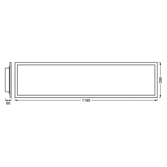 Osram Smart+ LED-Panel Planon Magic RGB + Tunable White - 36 W, L x B x H: 119,5 x 29,5 x 6 cm, Weiß, RGBW - Produktskizze einer rechteckigen Wandleuchte mit den Maßen 1195 x 295 x 60 mm. Die Leuchte ist in einer technischen Zeichnung dargestellt.
