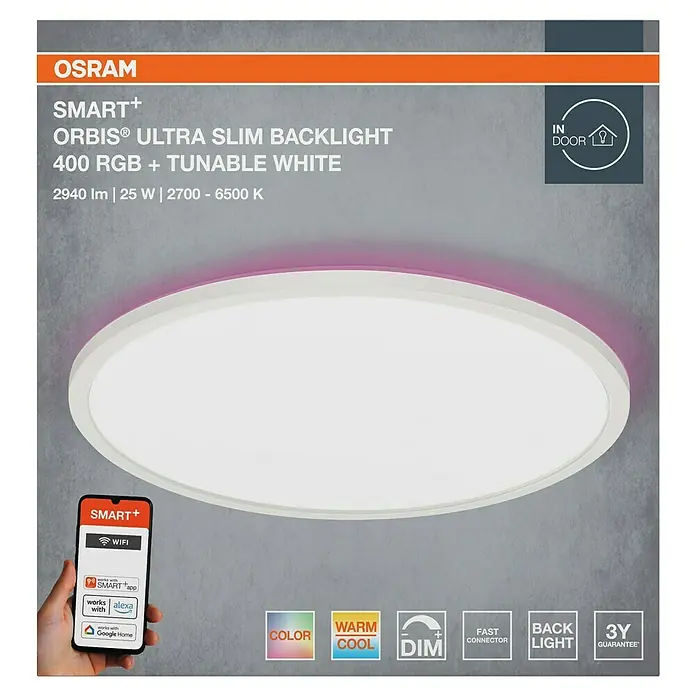 Osram Smart+ LED-Panel Ultra Slim Backlight - 40 W, Weiß, RGBW, Ø x H: 40 x 2,7 cm - Produktbild der OSRAM SMART+ Orbis® Ultra Slim Backlight Deckenleuchte, mit RGB Farbwechsel und tunable white Funktion, ideal für Innenräume.