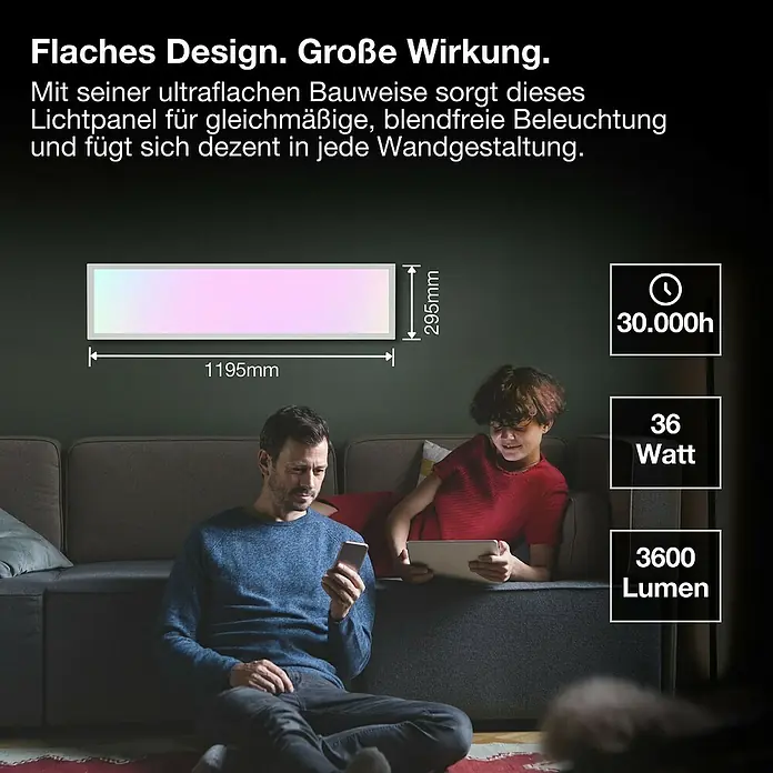 Osram Smart+ LED-Panel Planon Magic RGB + Tunable White - 36 W, L x B x H: 119,5 x 29,5 x 6 cm, Weiß, RGBW - Das flache LED-Lichtpanel sorgt für gleichmäßige Ausleuchtung und fügt sich dezent in jede Wandgestaltung ein. Abmessungen: 1195x295 mm.
