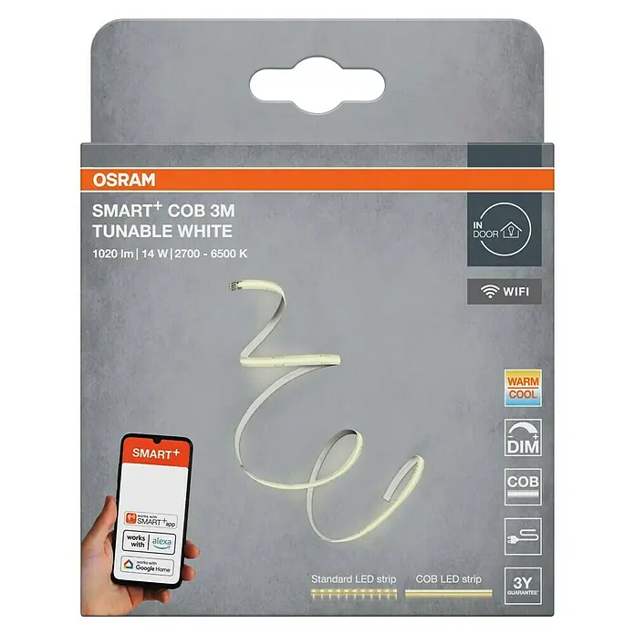 Osram Smart+ LED-Band COB - Länge: 300 cm, Lichtfarbe: Tageslichtweiß, 14 W, 1.020 lm, 220 V - 240 V - Abbildung der Osram SMART+ COB 3M Tunable White LED-Leuchte, die sich ideal für die Innenraumbeleuchtung eignet und über WLAN gesteuert wird.