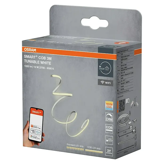 Osram Smart+ LED-Band COB - Länge: 300 cm, Lichtfarbe: Tageslichtweiß, 14 W, 1.020 lm, 220 V - 240 V - Produktverpackung der OSRAM SMART+ COB 3M Tunable White LED-Leiste, die warmes bis kühles Licht bietet und über eine App steuerbar ist.
