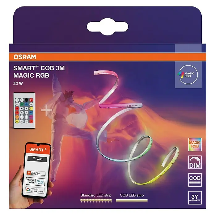 Osram Smart+ LED-Band COB - Länge: 300 cm, Lichtfarbe: RGB, 22 W, 220 V - 240 V - Verpackung der Osram SMART+ COB 3M Magic RGB LED-Leiste, 22 W, mit Produktmerkmalen und Unterstützung für Smart-Home-Systeme.