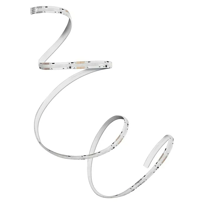 Osram Smart+ LED-Band COB - Länge: 300 cm, Lichtfarbe: RGB, 22 W, 220 V - 240 V - Das Bild zeigt eine flexible LED-Leiste, die in einer geschwungenen Form auf einem schwarzen Hintergrund liegt. Die Leiste ist weiß und hat goldfarbene Kontakte.