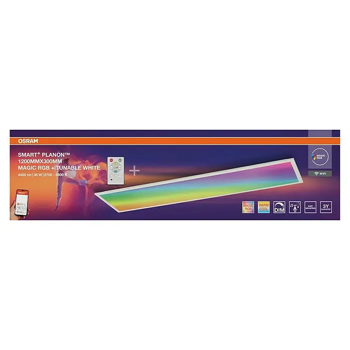 Osram Smart+ LED-Panel Planon Magic RGB + Tunable White - 36 W, L x B x H: 119,5 x 29,5 x 6 cm, Weiß, RGBW - OSRAM SMART+ Planon™ LED-Panel mit Magic RGB und tunable White Funktion, 1200mm x 300mm, ideal für stimmungsvolle Beleuchtung.