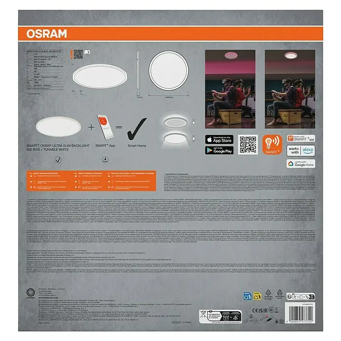 Osram Smart+ LED-Panel Ultra Slim Backlight - 40 W, Weiß, RGBW, Ø x H: 40 x 2,7 cm - Produktverpackung für OSRAM SMART+ Orbis Ultra Slim Backlight 400 RGB + Tunable White Leuchte mit App- und Sprachsteuerung.