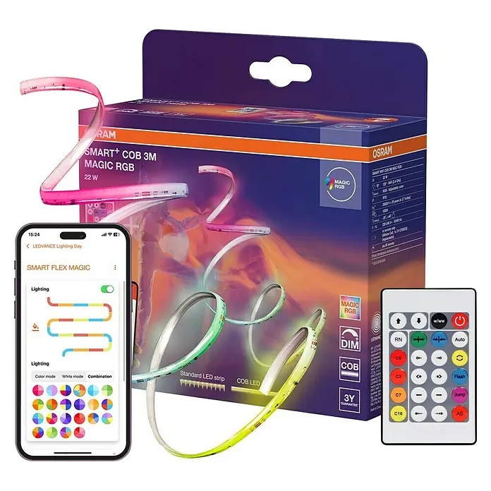 Osram Smart+ LED-Band COB - Länge: 300 cm, Lichtfarbe: RGB, 22 W, 220 V - 240 V - Das Bild zeigt ein OSRAM SMART+ COB 3M MAGIC RGB LED-Band mit Fernbedienung und Smartphone-App zur Steuerung der Beleuchtung.