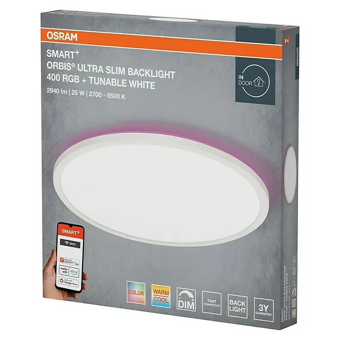 Osram Smart+ LED-Panel Ultra Slim Backlight - 40 W, Weiß, RGBW, Ø x H: 40 x 2,7 cm - Abbildung der OSRAM SMART+ Orbis Ultra Slim Backlight Deckenleuchte mit RGB und tunable white Funktion.