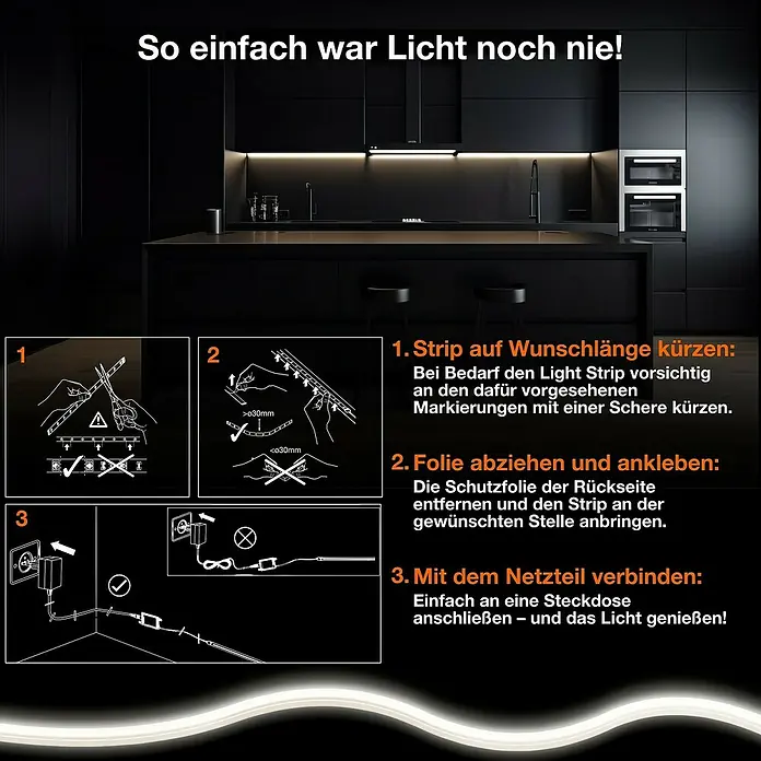 Osram Smart+ LED-Band COB - Länge: 500 cm, Lichtfarbe: Tageslichtweiß, 18 W, 1.700 lm, 220 V - 240 V - Anleitung zur Installation eines LED-Lichtstreifens: Zuschneiden, Folie entfernen, verbinden. Das Licht ist einfach anzubringen.