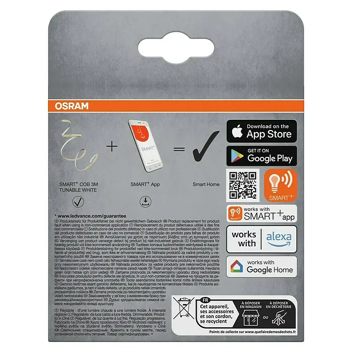 Osram Smart+ LED-Band COB - Länge: 300 cm, Lichtfarbe: Tageslichtweiß, 14 W, 1.020 lm, 220 V - 240 V - OSRAM SMART+ COB 3M tunable white LED strip packaging. The product works with Apple, Google, and Alexa smart home systems.
