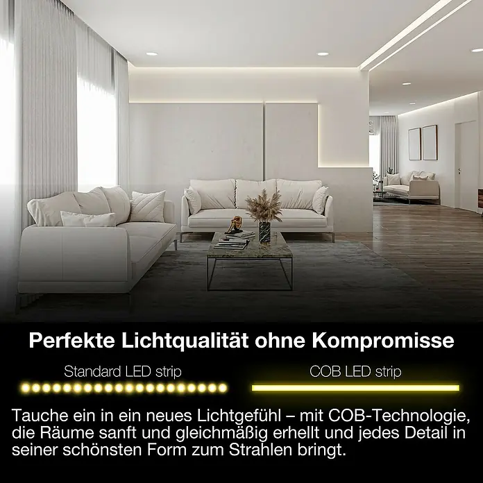Osram Smart+ LED-Band COB - Länge: 500 cm, Lichtfarbe: Tageslichtweiß, 18 W, 1.700 lm, 220 V - 240 V - Elegantes Wohnzimmer mit COB-LED-Streifen, die eine sanfte und gleichmäßige Beleuchtung erzeugen.