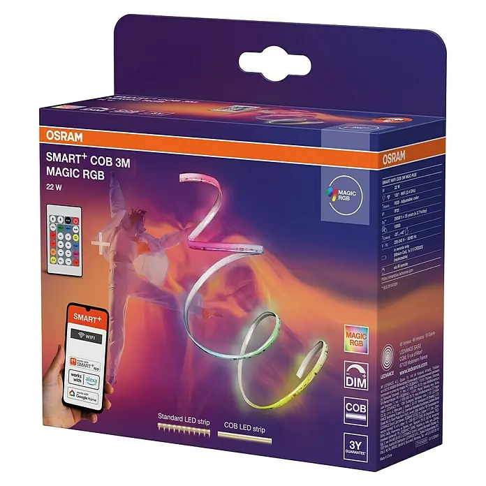 Osram Smart+ LED-Band COB - Länge: 300 cm, Lichtfarbe: RGB, 22 W, 220 V - 240 V - Produktverpackung der Osram SMART+ COB 3M Magic RGB LED-Leiste mit verschiedenen Funktionen und einer 3-Jahres-Garantie.