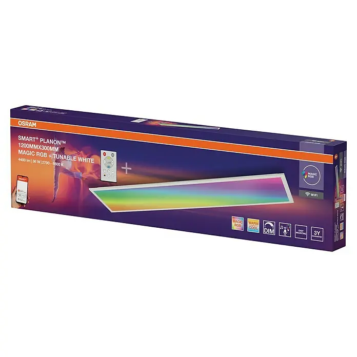 Osram Smart+ LED-Panel Planon Magic RGB + Tunable White - 36 W, L x B x H: 119,5 x 29,5 x 6 cm, Weiß, RGBW - Das Bild zeigt die Verpackung einer OSRAM SMART+ Planon™ LED-Deckenleuchte mit Farbwechsel und tunable white Funktion.