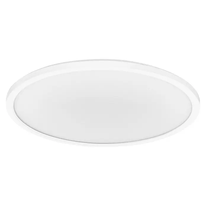 Osram Smart+ LED-Panel Ultra Slim Backlight - 40 W, Weiß, RGBW, Ø x H: 40 x 2,7 cm - Eine Nahaufnahme einer runden, weißen Deckenleuchte, die ein modernes und schlichtes Design aufweist. Sie ist ideal für Wohn- oder Geschäftsräume.