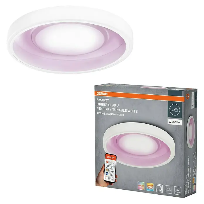 Osram Smart+ LED-Deckenleuchte rund Claria matter - Ø x H: 49 x 9,5 cm, Weiß, Neutralweiß - OSRAM SMART+ Orbis Claria: Intelligente Deckenleuchte mit RGB und tunable White Funktion für individuelle Lichtstimmungen.