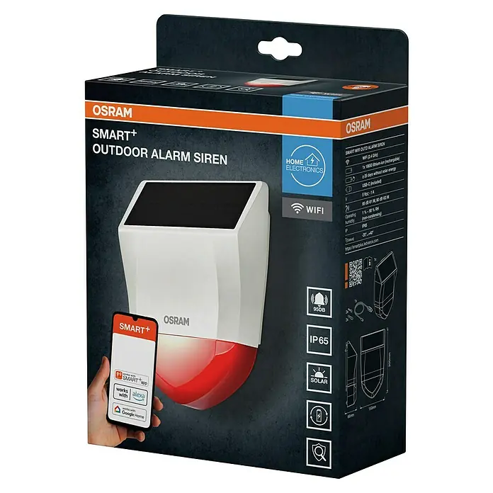 Osram Smart+ Alarmsirene - Außen, 95 dB, Batteriebetrieben - Das Bild zeigt die Verpackung der Osram Smart+ Outdoor Alarmsirene. Die Sirene ist solarbetrieben und kann per WLAN gesteuert werden.