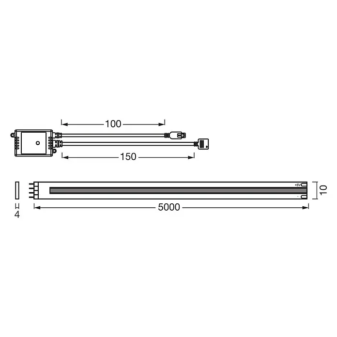 Osram Smart+ LED-Band COB - Länge: 500 cm, Lichtfarbe: RGB, 35 W, 220 V - 240 V - Produktzeichnung einer LED-Leiste mit Maßen: 5000x10 mm, Dicke 4 mm, Controllerbox 150 mm, Kabel 100 mm. Technische Details des Produkts.