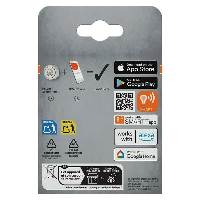 Osram Smart+ Alarmsirene - Innen, 90 dB, Netzbetrieben - Verpackungsrückseite einer SMART+ Alarmsirene, die Kompatibilität mit App Store, Google Play, Alexa und Google Home hervorhebt.