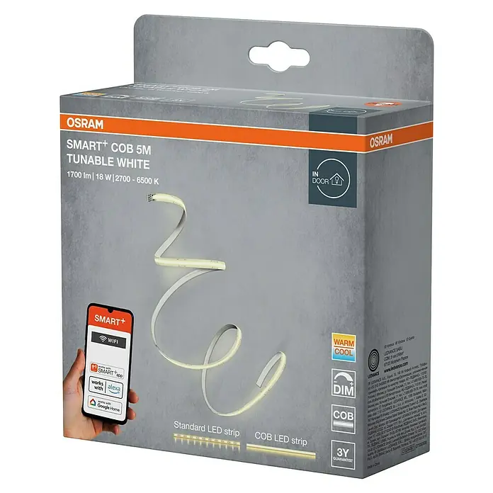 Osram Smart+ LED-Band COB - Länge: 500 cm, Lichtfarbe: Tageslichtweiß, 18 W, 1.700 lm, 220 V - 240 V - Produktverpackung für OSRAM SMART+ COB 5M, einstellbar weißes LED-Band mit 1700 lm, 18 W, 2700-6500 K.