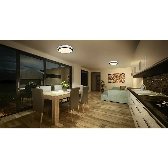 Osram Smart+ LED-Deckenleuchte rund Orbis Zest - Ø x H: 49 x 10 cm, Schwarz, RGBW - Esszimmer mit modernem Deckenlicht. Das helle Design der Lampe passt gut zum Holz des Esstisches und sorgt für eine angenehme Atmosphäre.