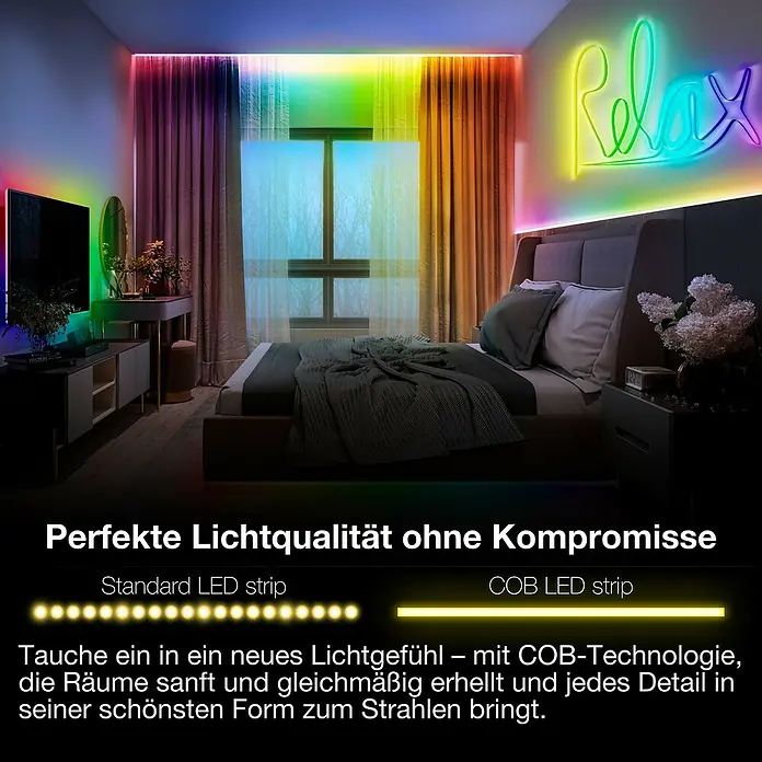 Osram Smart+ LED-Band COB - Länge: 500 cm, Lichtfarbe: RGB, 35 W, 220 V - 240 V - Das Bild zeigt LED-Streifen mit COB-Technologie, die für eine sanfte und gleichmäßige Ausleuchtung in einem Schlafzimmer sorgen.