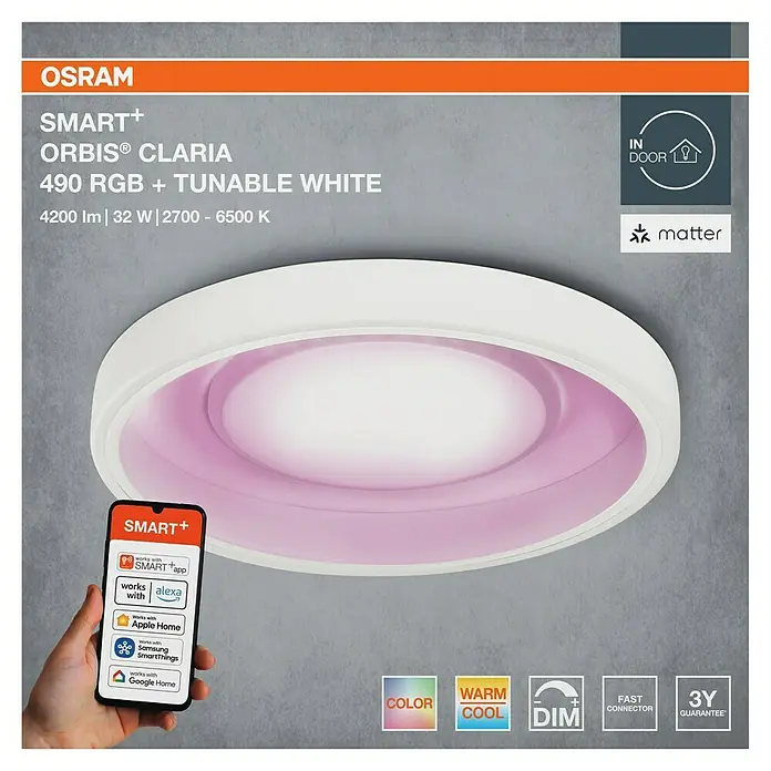 Osram Smart+ LED-Deckenleuchte rund Claria matter - Ø x H: 49 x 9,5 cm, Weiß, Neutralweiß - Abbildung der intelligenten Osram Smart+ Orbis Claria Deckenleuchte mit einstellbarem RGB und Weißton, steuerbar per App.