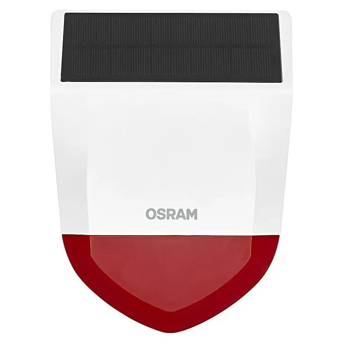 Osram Smart+ Alarmsirene - Außen, 95 dB, Batteriebetrieben - Produktansicht einer OSRAM Alarmsirene mit Solarpanel, weißem Gehäuse und rotem Blitzlicht.
