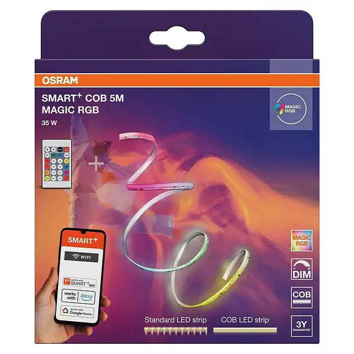 Osram Smart+ LED-Band COB - Länge: 500 cm, Lichtfarbe: RGB, 35 W, 220 V - 240 V - Produktverpackung für OSRAM SMART+ COB 5M MAGIC RGB LED-Streifen mit Fernbedienung und Smartphone-Steuerung für stimmungsvolle Beleuchtung.