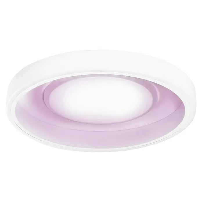 Osram Smart+ LED-Deckenleuchte rund Claria matter - Ø x H: 49 x 9,5 cm, Weiß, Neutralweiß - Nahaufnahme einer modernen, runden Deckenleuchte in Weiß mit sanftem, rosa-farbenem Licht im Inneren, ideal für stilvolle Innenräume.
