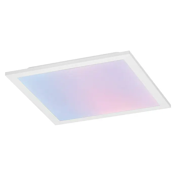Osram Smart+ LED-Panel Planon Magic RGB + Tunable White - 24 W, L x B x H: 44,5 x 44,5 x 6 cm, Weiß, RGBW - Deckenleuchte mit einem subtilen Farbverlauf von Blau zu Rosa, eingefasst in einem schlichten, weißen Rahmen. Modernes Design für angenehme Beleuchtung.