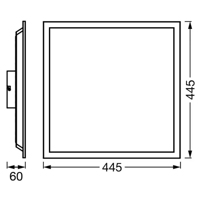 Osram Smart+ LED-Panel Planon Magic RGB + Tunable White - 24 W, L x B x H: 44,5 x 44,5 x 6 cm, Weiß, RGBW - Seiten- und Frontansicht einer quadratischen LED-Panel-Leuchte mit Maßangaben. Das LED-Panel ist 445 x 445 mm groß und 60 mm tief.