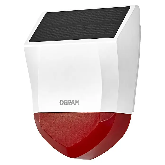 Osram Smart+ Alarmsirene - Außen, 95 dB, Batteriebetrieben - Das Bild zeigt eine Osram Alarmsirene mit Solarmodul, die in Weiß und Rot gehalten ist und ein modernes Design aufweist.