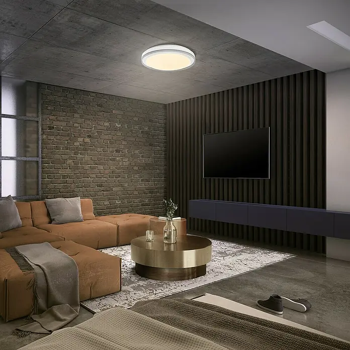 Osram Smart+ LED-Deckenleuchte rund Orbis Zest - Ø x H: 49 x 10 cm, Weiß, RGBW - Helle Deckenleuchte in modernem Wohnzimmer. Die runde Leuchte mit sanftem Licht sorgt für eine angenehme Atmosphäre im Raum.