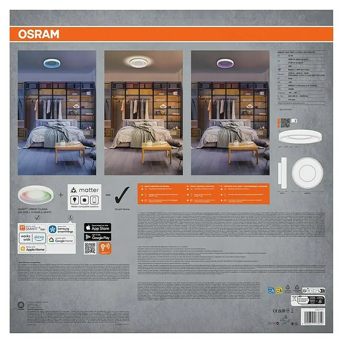 Osram Smart+ LED-Deckenleuchte rund Claria matter - Ø x H: 49 x 9,5 cm, Weiß, Neutralweiß - Produktverpackung für OSRAM SMART WiFi MAT CLARIA 400 RGBTW Deckenleuchte. Intelligente Beleuchtung mit anpassbaren Farben und Tunable White Funktion.