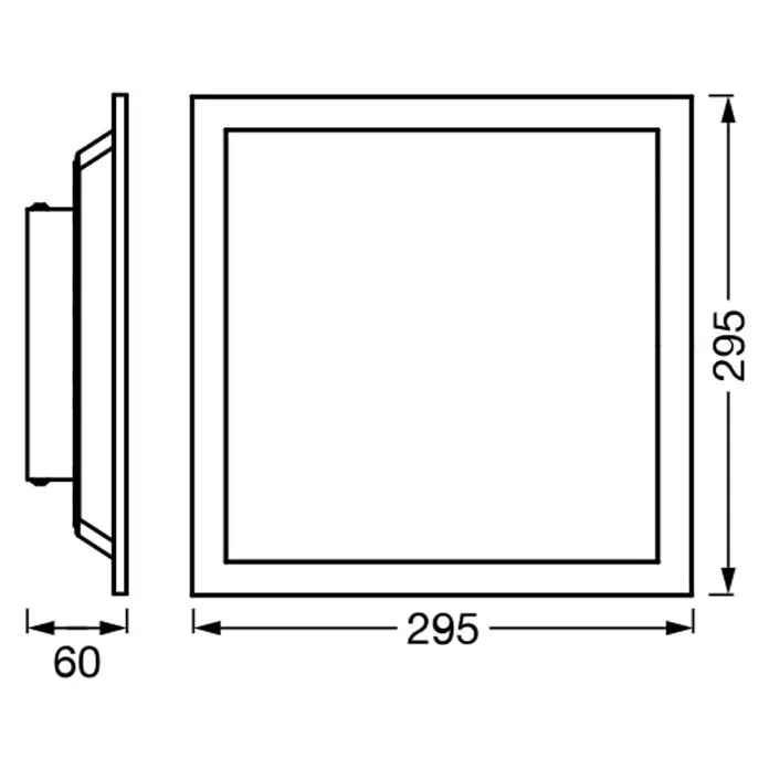 Osram Smart+ LED-Panel Planon Magic RGB + Tunable White - 14 W, L x B x H: 29,5 x 29,5 x 6 cm, Weiß, RGBW - Detaillierte Zeichnung einer quadratischen Einbauleuchte mit den Maßen 295x295 mm und einer Tiefe von 60 mm.