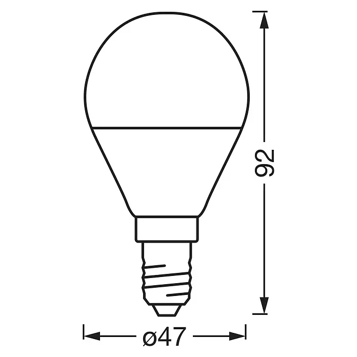 Osram Smart+ Smart-LED-Lampe P40 matter - E14, Dimmbar, Tageslichtweiß, 470 lm, 4,9 W - Die Abbildung zeigt eine LED-Lampe mit den Maßen 47 mm Durchmesser und 92 mm Höhe. Eine detailierte technische Zeichnung.