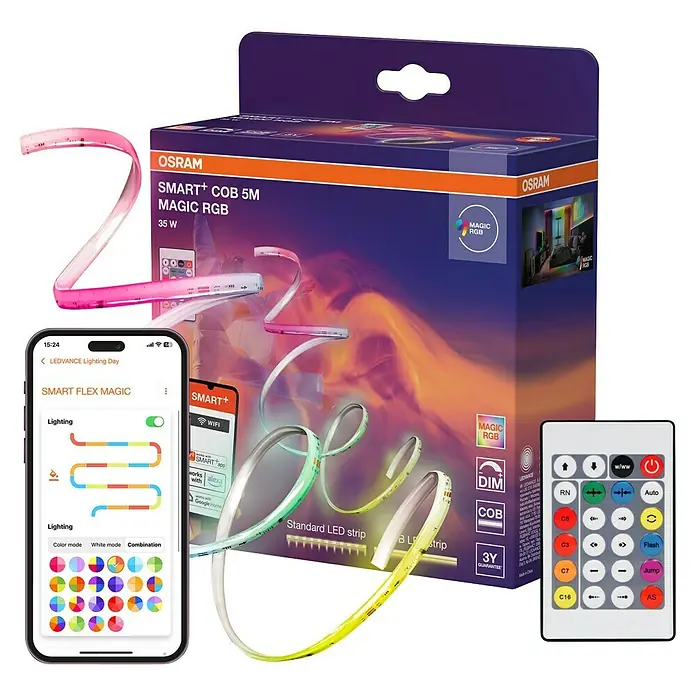 Osram Smart+ LED-Band COB - Länge: 500 cm, Lichtfarbe: RGB, 35 W, 220 V - 240 V - Produktbild: Osram Smart+ COB 5M Magic RGB LED-Streifen mit App-Steuerung und Fernbedienung für stimmungsvolle Beleuchtung.