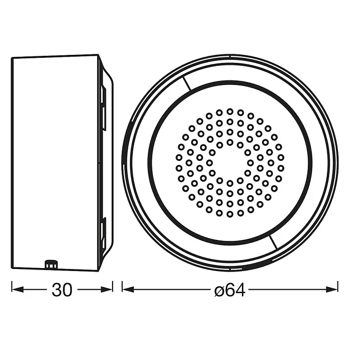 Osram Smart+ Alarmsirene - Innen, 90 dB, Netzbetrieben - Produktbild eines Lautsprechers mit den Maßen 30 x 64 mm, Ansichten von der Seite und von oben, mit Löchern versehen.