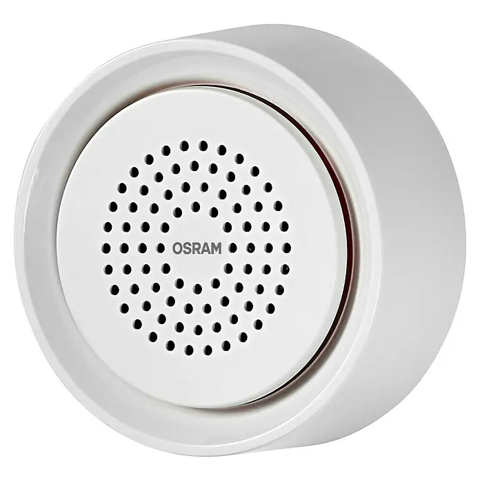 Osram Smart+ Alarmsirene - Innen, 90 dB, Netzbetrieben - Nahaufnahme eines weißen OSRAM-Rauchmelders mit runder Form und mehreren kleinen Löchern in der Mitte des Geräts.