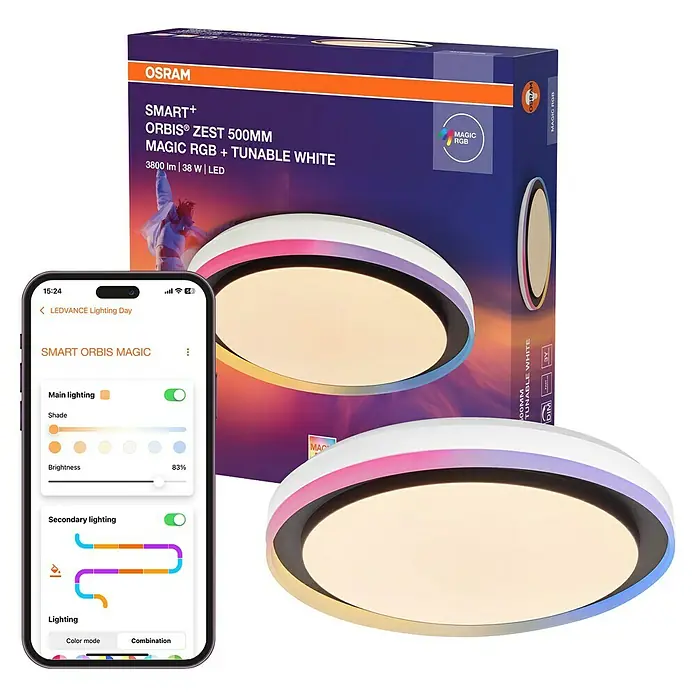 Osram Smart+ LED-Deckenleuchte rund Orbis Zest - Ø x H: 49 x 10 cm, Schwarz, RGBW - Das Bild zeigt eine intelligente Osram Orbis Zest 500mm Deckenleuchte mit Farbwechsel, gesteuert über eine Smartphone-App.