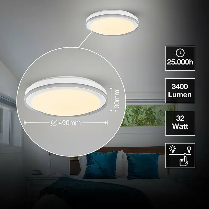 Osram Smart+ LED-Deckenleuchte rund Orbis Zest - Ø x H: 49 x 10 cm, Weiß, RGBW - Deckenleuchte mit runder Form und weißem Rahmen, ideal für Wohnräume. Technische Daten: 3400 Lumen, 32 Watt, 25.000 Stunden Lebensdauer.