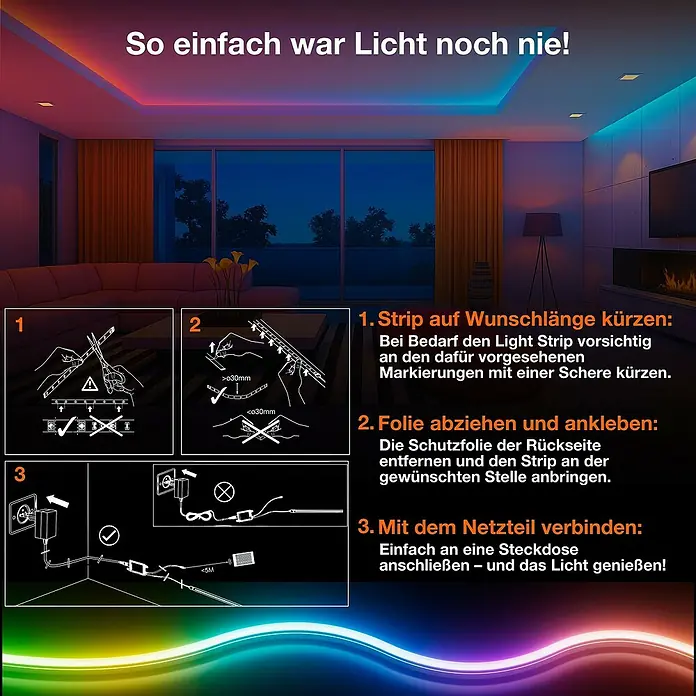 Osram Smart+ LED-Band COB - Länge: 500 cm, Lichtfarbe: RGB, 35 W, 220 V - 240 V - Anleitung zur Installation eines LED-Streifens mit Schritten zum Kürzen, Anbringen und Anschließen für einfache Beleuchtung.