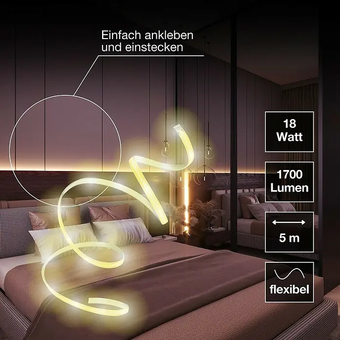 Osram Smart+ LED-Band COB - Länge: 500 cm, Lichtfarbe: Tageslichtweiß, 18 W, 1.700 lm, 220 V - 240 V - LED-Strip mit warmer Beleuchtung für das Schlafzimmer, flexible Installation und einfache Anbringung, 18 Watt, 1700 Lumen und 5 Meter lang.