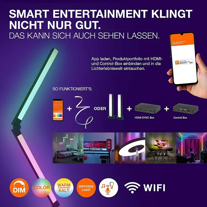 Osram Smart+ LED-Band COB - Länge: 500 cm, Lichtfarbe: RGB, 35 W, 220 V - 240 V - Intelligente Unterhaltung: Die LED-Leuchte mit App-Steuerung, HDMI Sync Box und Control Box für ein immersives Lichterlebnis.