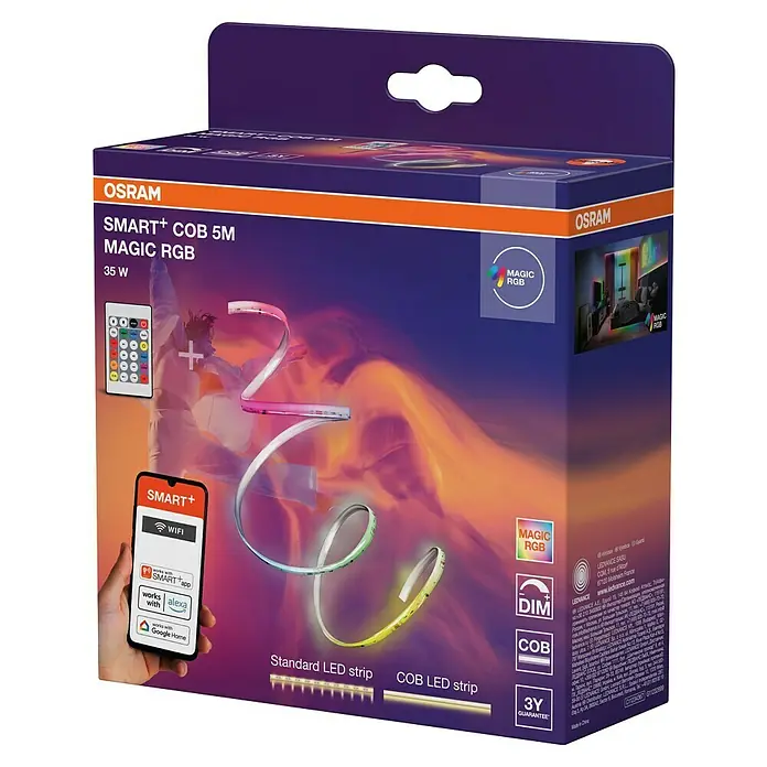 Osram Smart+ LED-Band COB - Länge: 500 cm, Lichtfarbe: RGB, 35 W, 220 V - 240 V - Produktverpackung der OSRAM SMART+ COB 5M MAGIC RGB LED-Streifen. Intelligente Beleuchtung für flexible, farbenfrohe Akzente im Wohnraum.