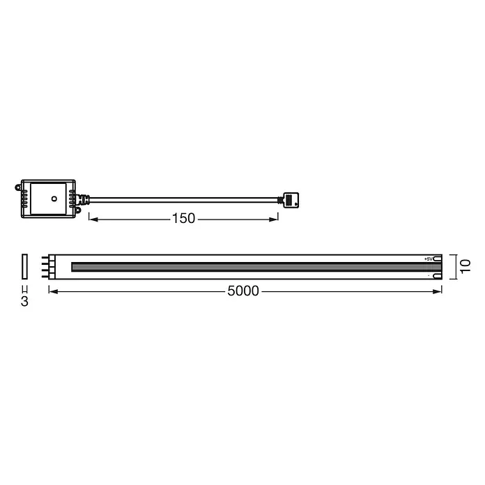 Osram Smart+ LED-Band COB - Länge: 500 cm, Lichtfarbe: Tageslichtweiß, 18 W, 1.700 lm, 220 V - 240 V - Schema der LED-Leiste mit Abmessungen. Die Leiste ist 5000 mm lang, 10 mm breit und 3 mm hoch. Sie hat einen 150 mm langen Anschlusskabel.