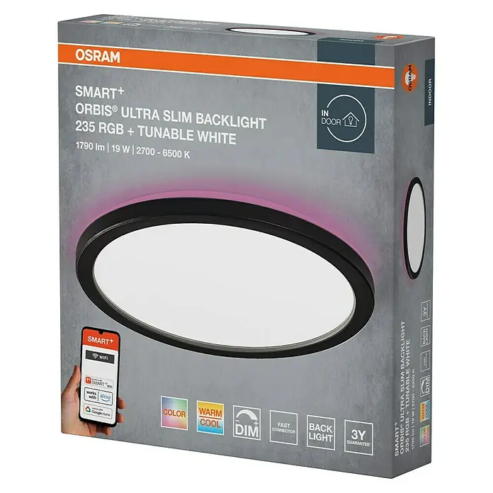 Osram Smart+ LED-Panel Ultra Slim Backlight - 19 W, Schwarz, RGBW, Ø x H: 23,5 x 2,7 cm - Osram Smart+ Orbis Ultra Slim Backlight: LED-Deckenleuchte mit RGB und tunable White Funktion, ideal für stimmungsvolle Beleuchtung im Innenbereich.