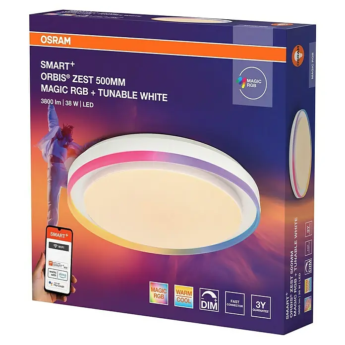 Osram Smart+ LED-Deckenleuchte rund Orbis Zest - Ø x H: 49 x 10 cm, Weiß, RGBW - Produktverpackung für OSRAM SMART+ ORBIS® ZEST 500MM LED-Deckenleuchte mit MAGIC RGB und tunable white Funktion, 3800lm, 38W.