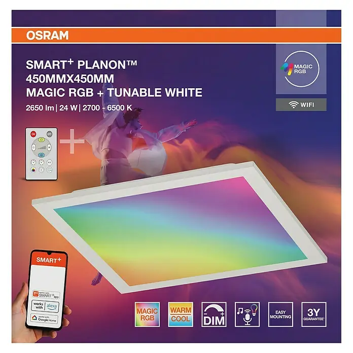 Osram Smart+ LED-Panel Planon Magic RGB + Tunable White - 24 W, L x B x H: 44,5 x 44,5 x 6 cm, Weiß, RGBW - Produktbild der smarten OSRAM SMART+ Planon™ Deckenleuchte mit Farbwechsel und einstellbarem Weißton, 450x450mm Größe.