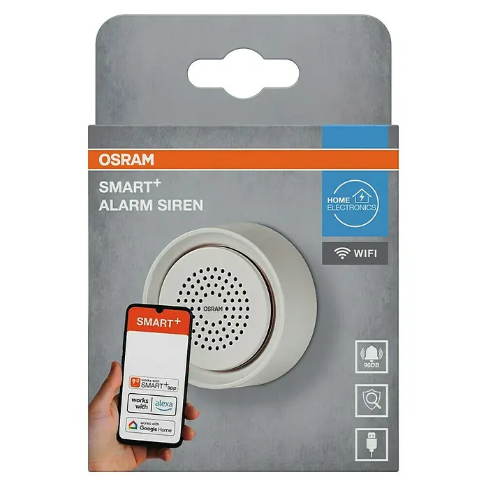 Osram Smart+ Alarmsirene - Innen, 90 dB, Netzbetrieben - Verpackung der OSRAM SMART+ Alarmsirene, die mit Apps und Sprachassistenten kompatibel ist, für ein intelligentes Zuhause.