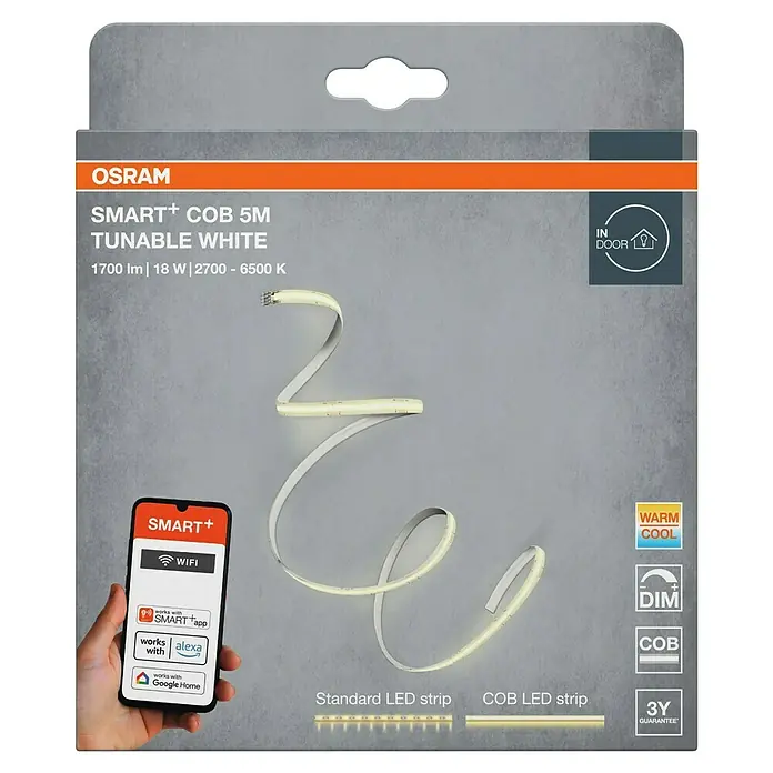 Osram Smart+ LED-Band COB - Länge: 500 cm, Lichtfarbe: Tageslichtweiß, 18 W, 1.700 lm, 220 V - 240 V - Die Verpackung des Osram Smart+ COB 5M LED-Streifens, der tunable white ist, mit 1700 lm und 18 W, sowie Smart Home Kompatibilität.